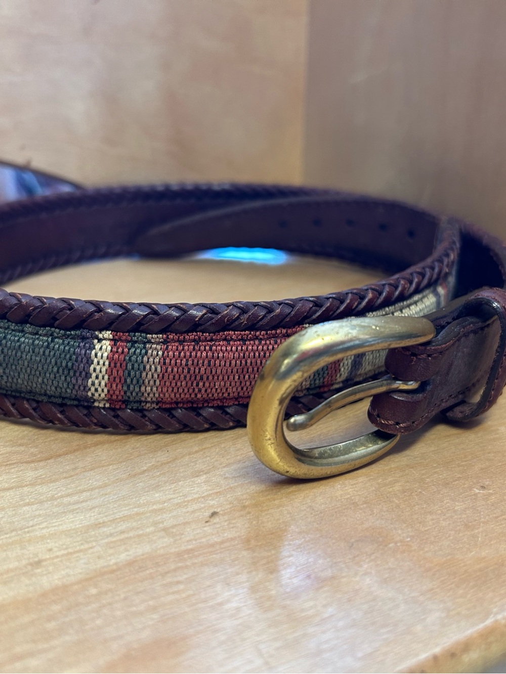 REI Size 30 Brown Full Grain Leather Belt With Padded Plaid Canvas Brass Buckle